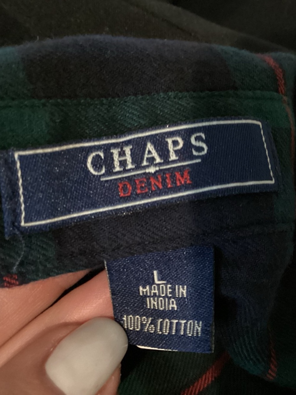 Chaps Plaid Button-Up Shirt in Green, Navy and Red - Picture 4 of 4